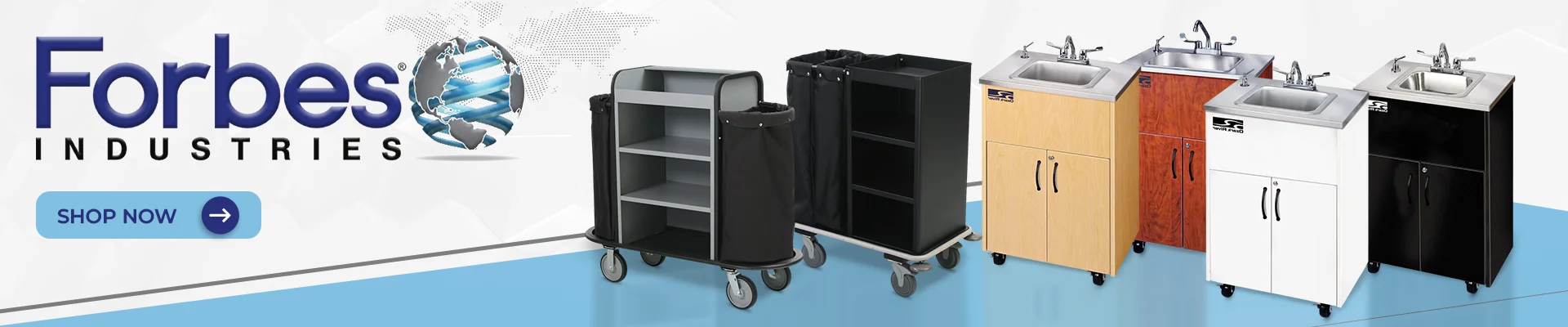 Forbes Industries brand banner featuring housekeeping carts, podium, and display cabinets with brand logo on a white and blue curved background.